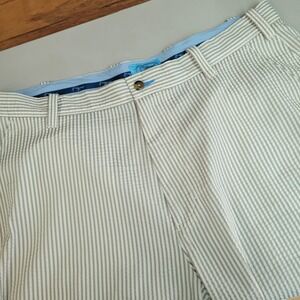 True Flies Mens Green White Seersucker Striped Shrimp Logo Shorts Size 38